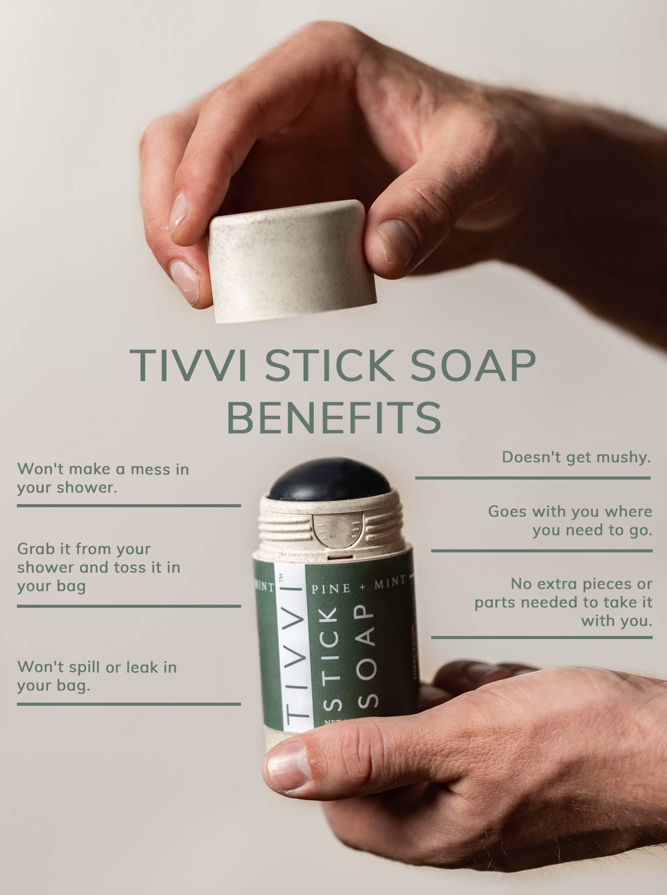 A person is opening a container of Grapefruit + Basil Stick Soap with both hands, revealing the vegan soap. The text lists several benefits: it won't make a mess in the shower, is portable, won't spill or leak, doesn't get mushy, is travel-friendly, and requires no extra parts.