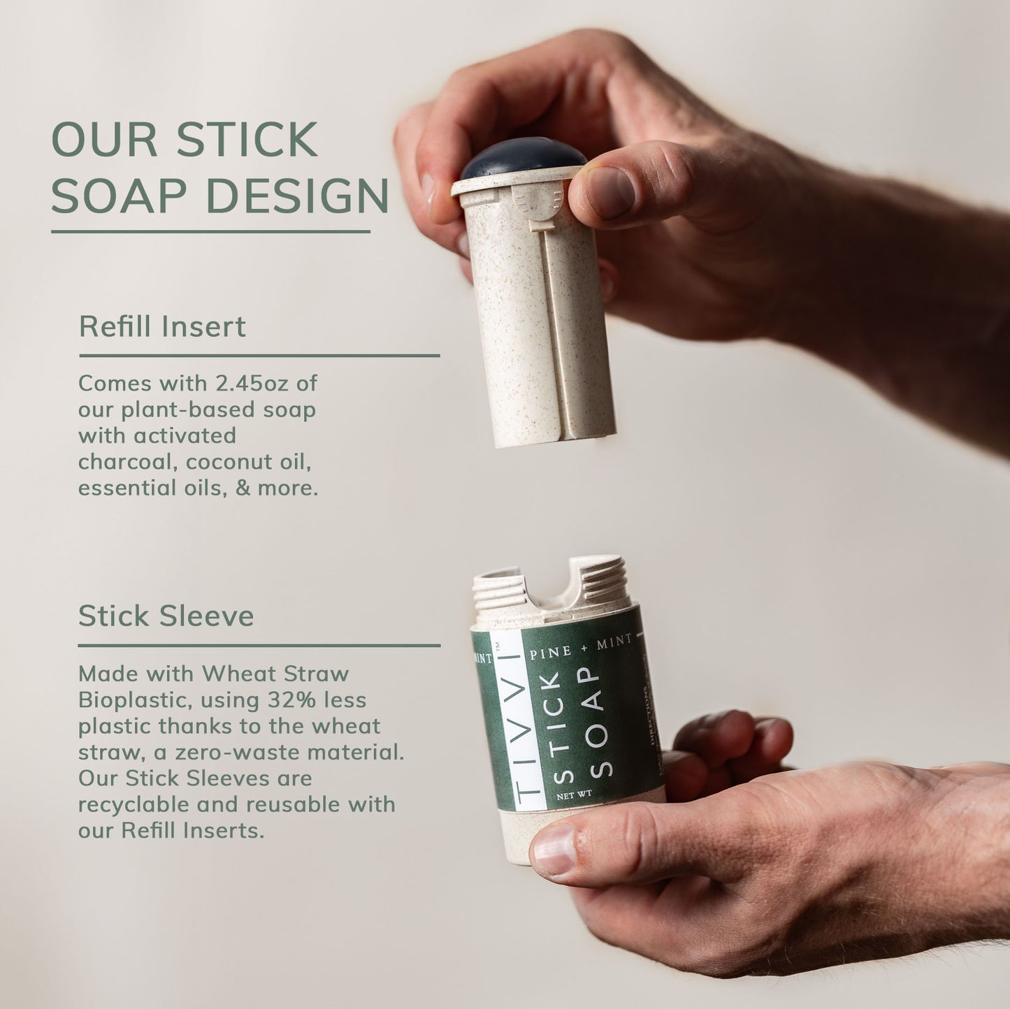 A hand holds a cylindrical soap container with a removable top, showcasing the sustainable design of the Grapefruit + Basil Stick Soap Refill Insert. The refill contains 2.45 oz of plant-based, vegan soap, and the stick sleeve is made from wheat straw bioplastic, providing a zero-waste solution.