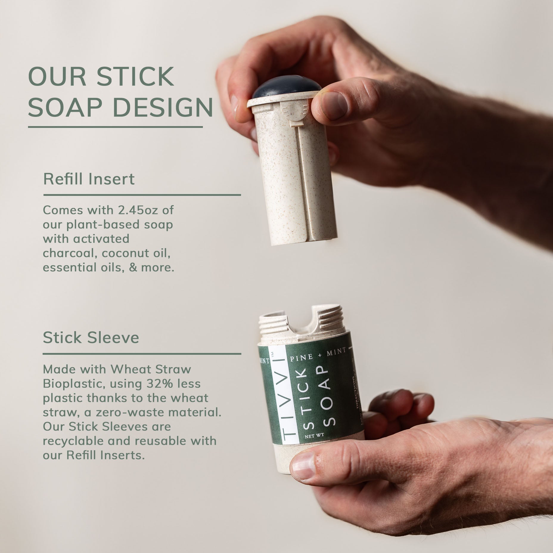 A hand holds a cylindrical soap container with a removable top, showcasing the sustainable design of the Grapefruit + Basil Stick Soap Refill Insert. The refill contains 2.45 oz of plant-based, vegan soap, and the stick sleeve is made from wheat straw bioplastic, providing a zero-waste solution.